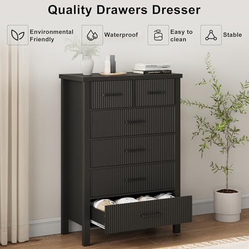 Fluted 6 Drawers Dresser for Bedroom, Tall Boho Chest with Metal Handle, Natural Oak S427