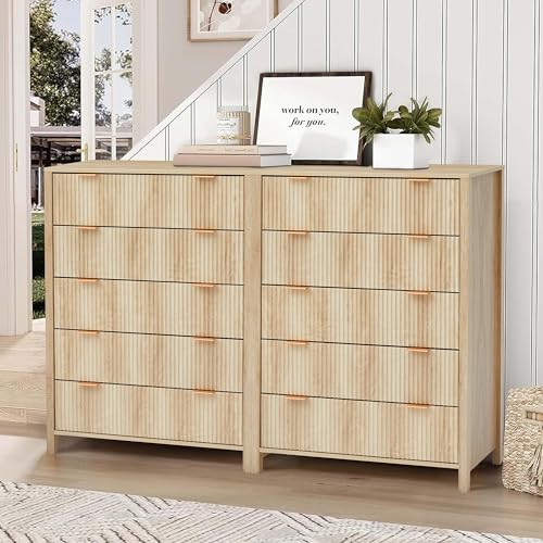 Fluted 5 Drawers Dresser for Bedroom, Wooden Tall Storage, Walnut L1075