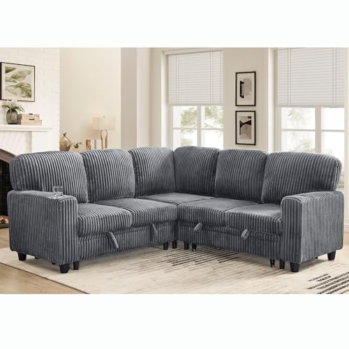 L-Shaped Pull Out Sleep Sofabed with Storage Chaise, Chenille Upholstered X30892