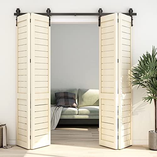 14FT Bi-Folding Sliding Barn Door Hardware Kit for 4 Doors, Black Z9314
