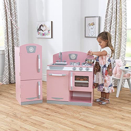 KidKraft Retro Wooden Play Kitchen and Refrigerator 2-Piece Set, Pink, Ages 3+ A4546