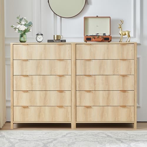 Fluted 5 Drawers Dresser for Bedroom, Wooden Tall Storage, Walnut L1075
