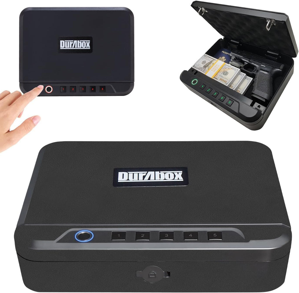 Biometric Gun Safe for Handgun - Quick Access Pistol Gun Safe with Fingerprint Reader, PIN Keypad and Folding Key - Portable Two Gun Lock Box - Perfect for Bedside Nightstand, Drawer or Car