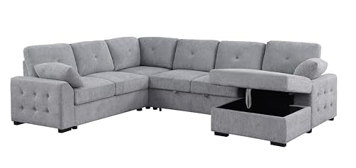 L-Shaped Pull Out Sleep Sofabed with Storage Chaise, Chenille Upholstered X30892