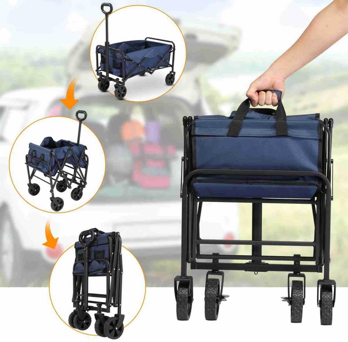 Collapsible Foldable Wagon with All Terrain Wheels, Heavy Duty Utility Cart for Outdoor, Blue J8692
