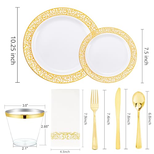 bUCLA 300PCS Gold Disposable Dinnerware Set - White and Gold Plastic Plates for Party S185