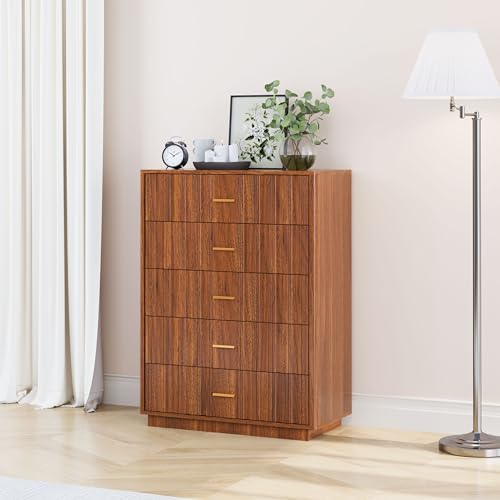 Fluted 5 Drawers Dresser for Bedroom, Wooden Tall Storage, Walnut L1075