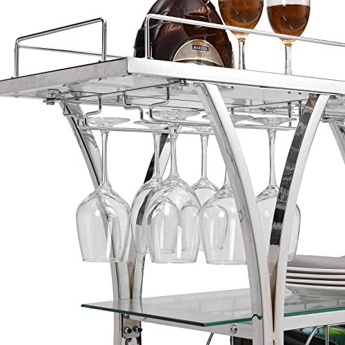 Silver Bar Cart Rolling Liquor Serving Cart with Wine Rack & Glass Holder O726690
