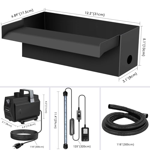 Pond Waterfall Kit with LED Lights, 12 Inch Stainless Steel Spillway, 880GPH Pump O35083