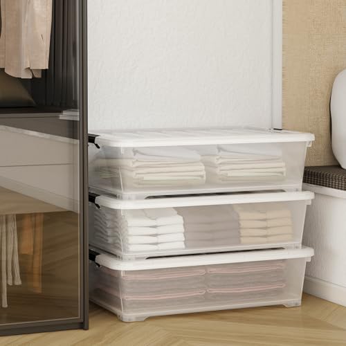 Morcte 50 Quart Clear Plastic Under Bed Storage Box with Wheels, 3-Pack R595