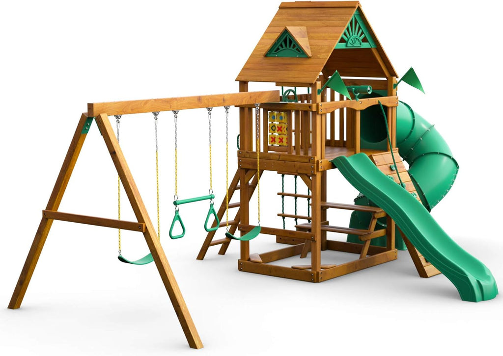 Gorilla Playsets Mountaineer Wooden Swing Set with Two Slides, Brown L164