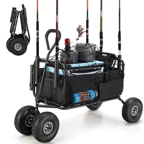 AHB Fishing Cart 550lbs Beach Wagon Cart, Heavy Duty Foldable Cart with All Terrain Big Wheels, Collapsible Wagon with 5 Rod Holders, Umbrella Holder and Cargo Net (Black)
