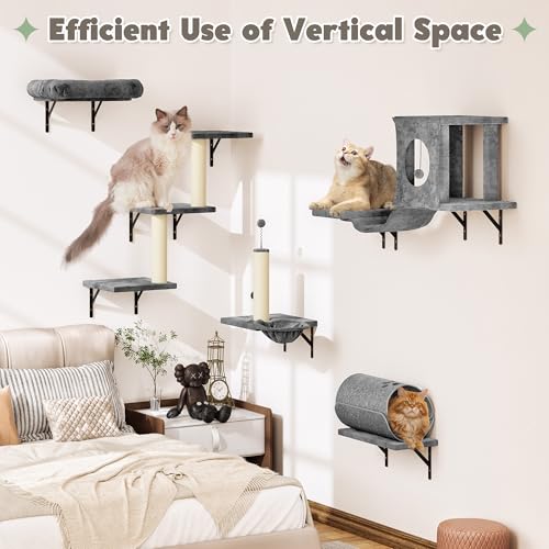 NUNU LAB Wall Mounted Cat Furniture Set 7 Pcs with Scratching Post - Light Gray P6315