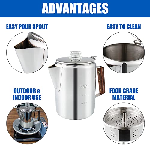 Stainless Steel Coffee Percolator 9 Cup for Campfire & Stovetop Q3376