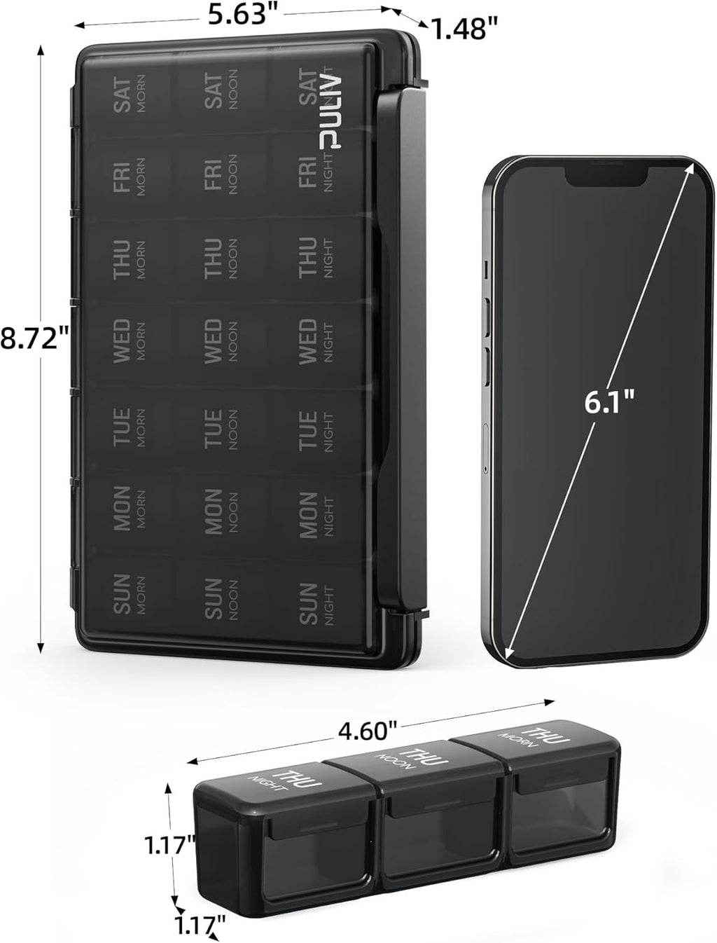 PULIV Pill Organizer 3 Times a Day, 7 Day Weekly Pill Case, Black X1223