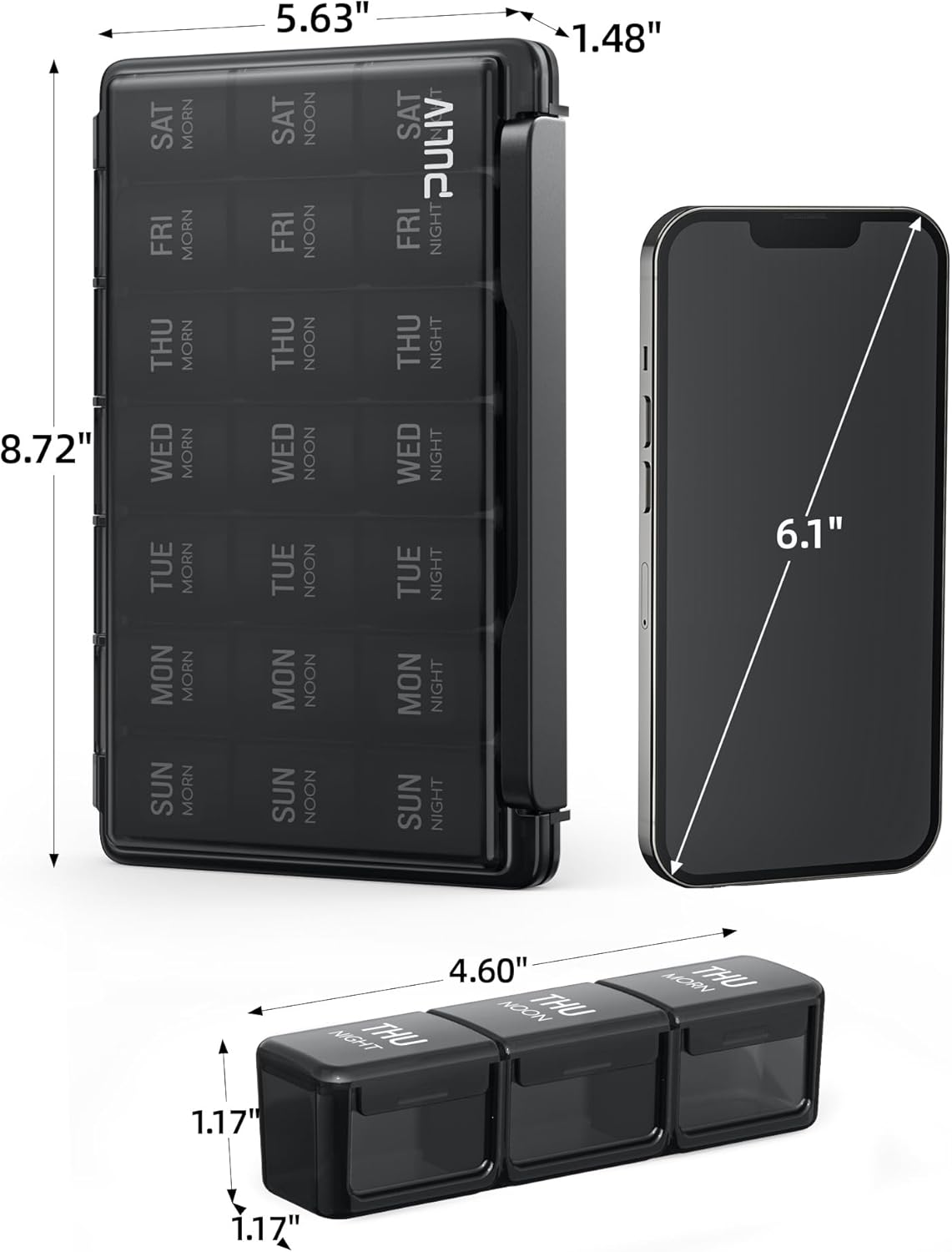 PULIV Pill Organizer 3 Times a Day, 7 Day Weekly Pill Case, Black X1223