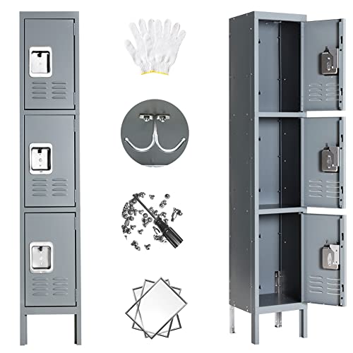 Bonusall Metal Locker 3-Tier Steel Storage Cabinet, 3 Doors Grey H746