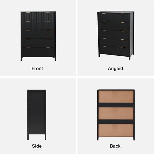 Fluted 5 Drawers Dresser for Bedroom, Wooden Tall Storage, Walnut L1075
