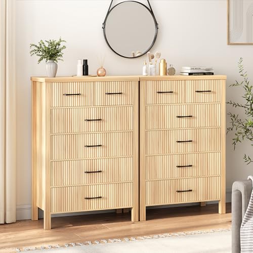 Fluted 6 Drawers Dresser for Bedroom, Tall Boho Chest with Metal Handle, Natural Oak S427