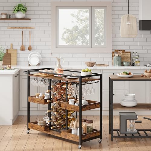 3 Tier Rolling Bar Cart with Wine Rack and Glass Holder, Brown M334896