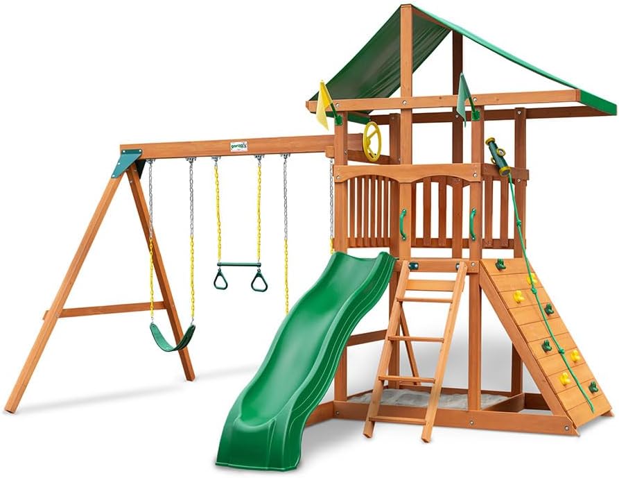Gorilla Playsets Avalon Wooden Swing Set with Canopy, Climbing Wall and Slide X3919