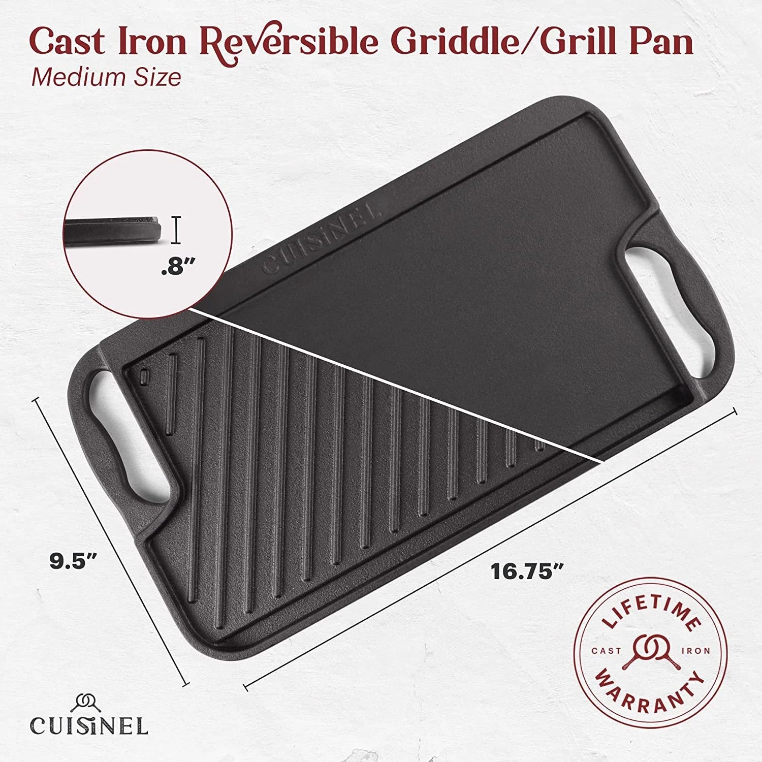Cast Iron Griddle Grill with Scraper, Reversible Pre-Seasoned 16.75" x 9.5" Dual Handle Skillet F930