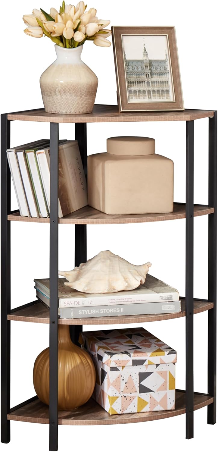 JOIN IRON 4-Tier Corner Bookshelf Stand, Modern Industrial Ladder Shelf, Storage Organizer Bookcase, Display Rack Shelves for Small Spaces, Living Room, Kitchen, Office.Corner Plant Stand.