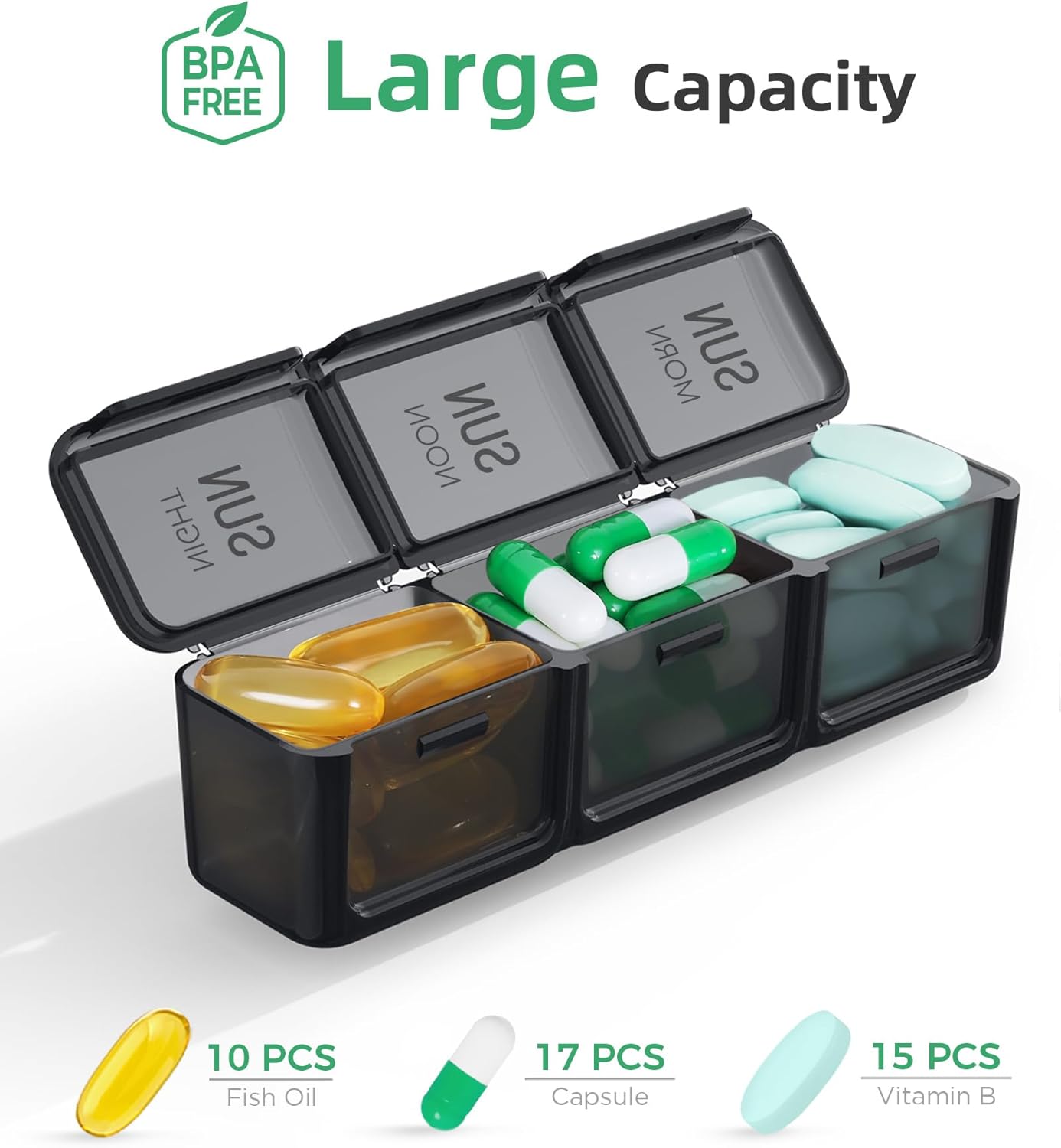 PULIV Pill Organizer 3 Times a Day, 7 Day Weekly Pill Case, Black X1223