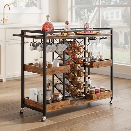 Bar Cart, 39.4 Inches Width 3 Tier Bar Carts for The Home, Home Bar & Serving Carts, Rolling Bar Cart with Wheels, Drink Cart with Wine Rack & Wine Glass Holder Up to 48 for Kitchen-Brown