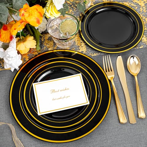 bUCLA 300PCS Gold Disposable Dinnerware Set - White and Gold Plastic Plates for Party S185