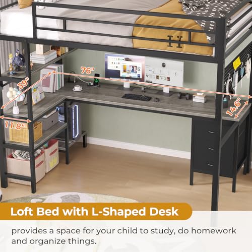 ADORNEVE Twin Size Metal Loft Bed with L-Shaped Desk, LED Lights, Charging Station S614727