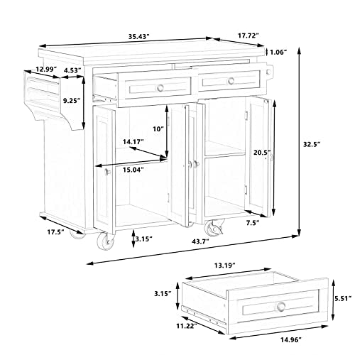 Kitchen Island Cart on Wheels with Wood Top and Drop Leaf Breakfast Bar M7732