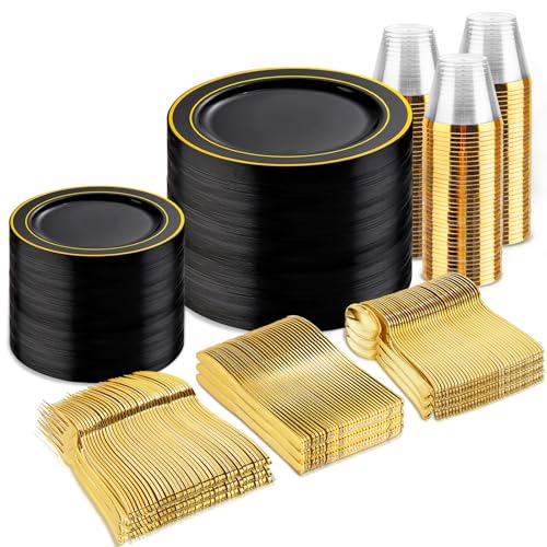 bUCLA 300PCS Gold Disposable Dinnerware Set - White and Gold Plastic Plates for Party S185