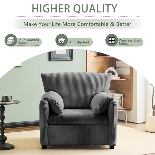 Corduroy Single Sofa Chair with Side Pocket, Beige O582