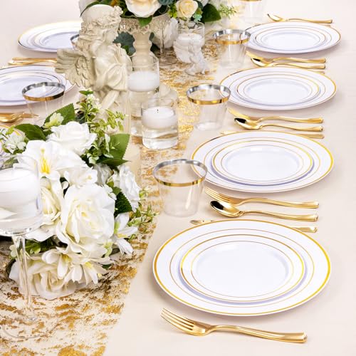 bUCLA 300PCS Gold Disposable Dinnerware Set - White and Gold Plastic Plates for Party S185