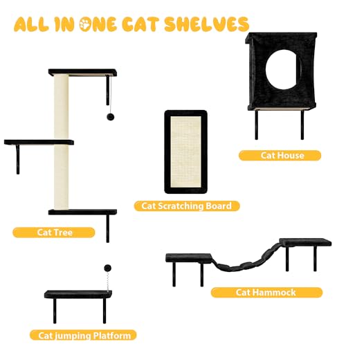 NUNU LAB Wall Mounted Cat Climber Set with House, Tunnel, Scratcher, Black M305