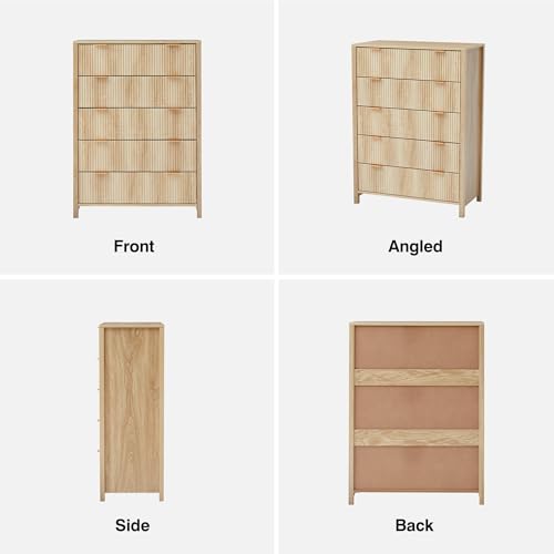 Fluted 5 Drawers Dresser for Bedroom, Wooden Tall Storage, Walnut L1075