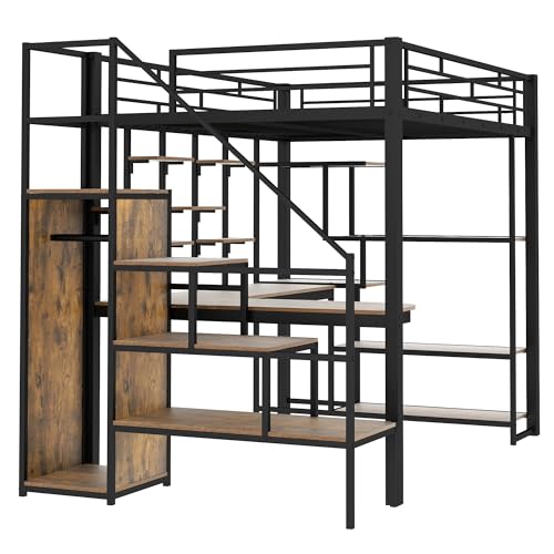 Full Size Loft Bed with Desk & Stairs, Heavy Duty Metal, Black E948