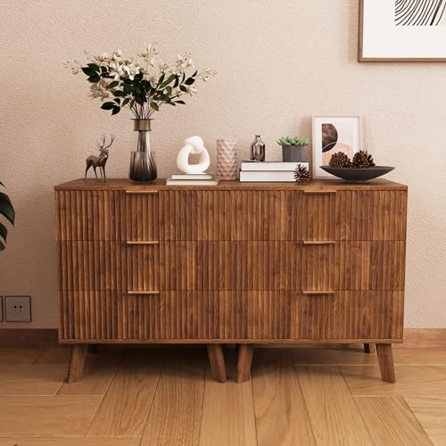 Fluted 5 Drawers Dresser for Bedroom, Wooden Tall Storage, Walnut L1075