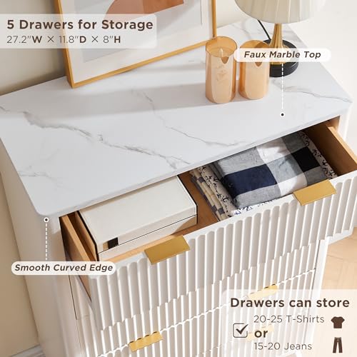 T4TREAM 5 Drawer Dresser with Faux Marble Top, Dark Grey T583