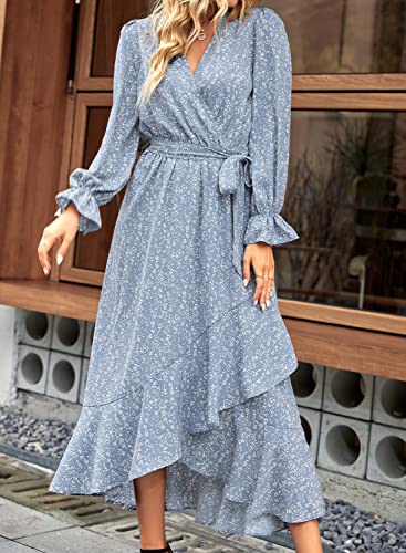 BTFBM Women Long Sleeve Wrap Maxi Dress V Neck Floral Z193