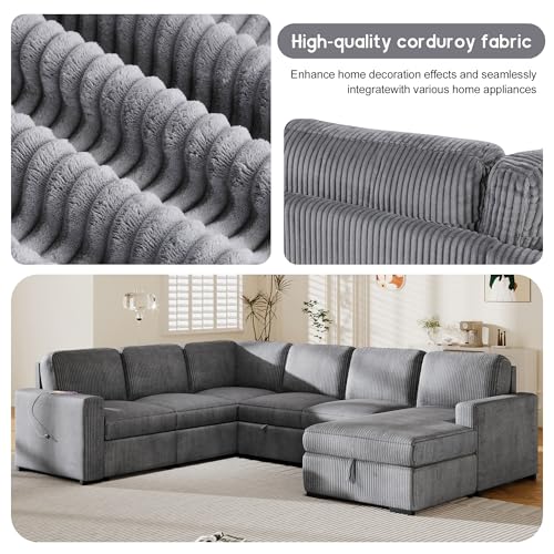L-Shaped Pull Out Sleep Sofabed with Storage Chaise, Chenille Upholstered X30892