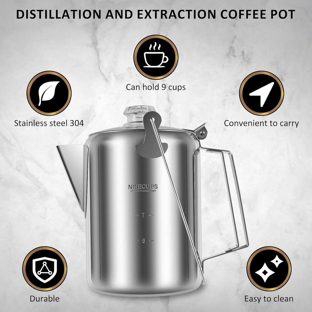Stainless Steel Camping Coffee Pot Percolator, 9 Cups, Outdoor C108