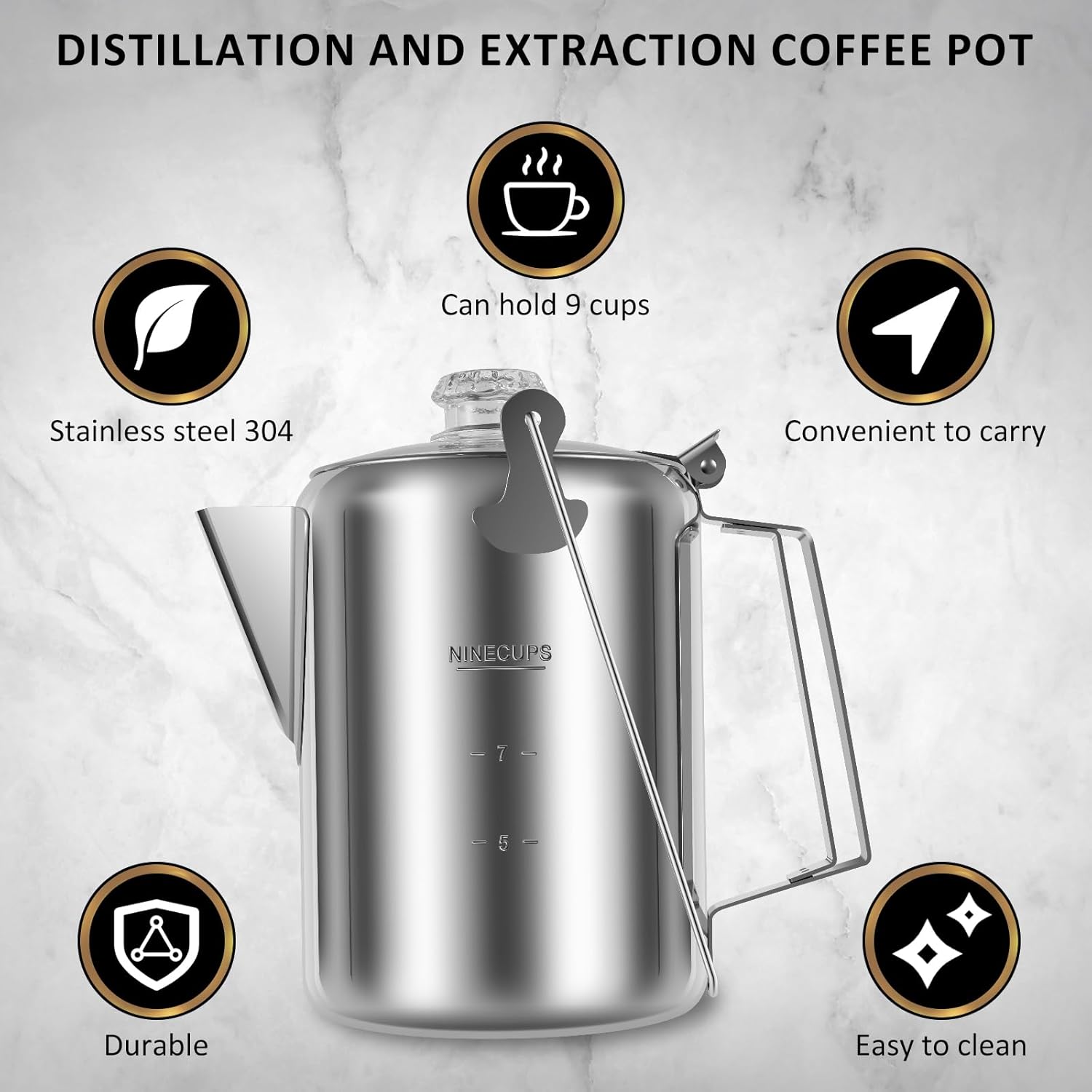 Stainless Steel Camping Coffee Pot Percolator, 9 Cups, Outdoor C108