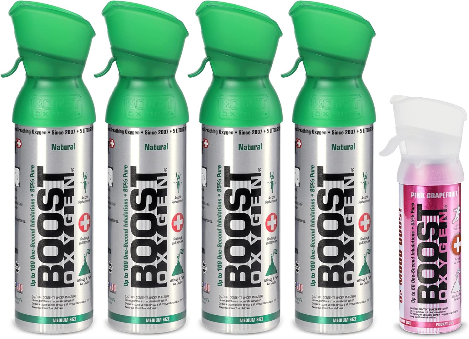 Boost Oxygen Canned 4 Portable 5 Liter Pure Natural Oxygen Canister Bottle with 1 Grapefruit Flavored Pocket Sized Canned Bottle Canister